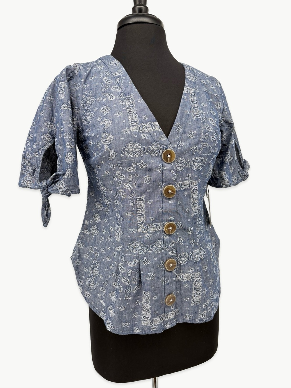 Pilcro Anthropologie Paisley Chambray Button Front Blouse Size 4 Tie Sleeve NWT - Picture 10 of 13
